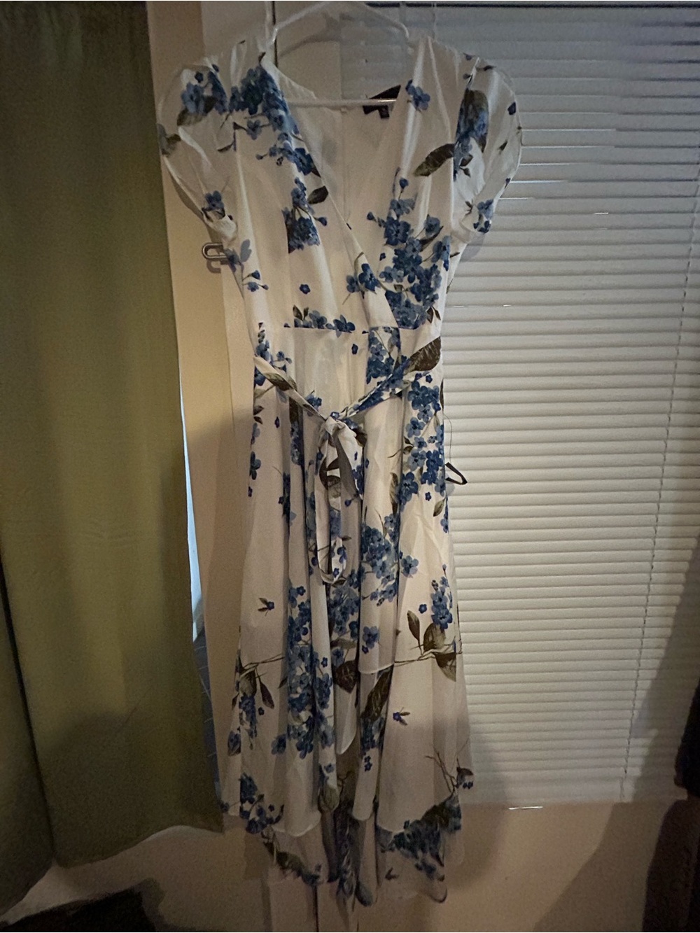 Lulu's White Wrap Dress with Blue Floral Print